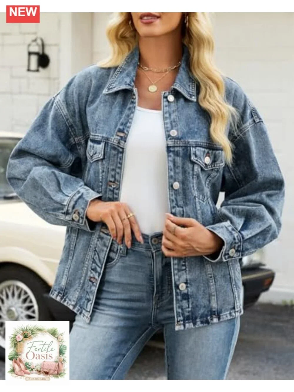 Oversized Denim Jacket with Belt Women Long Sleeve Button Down Boyfriend Jean